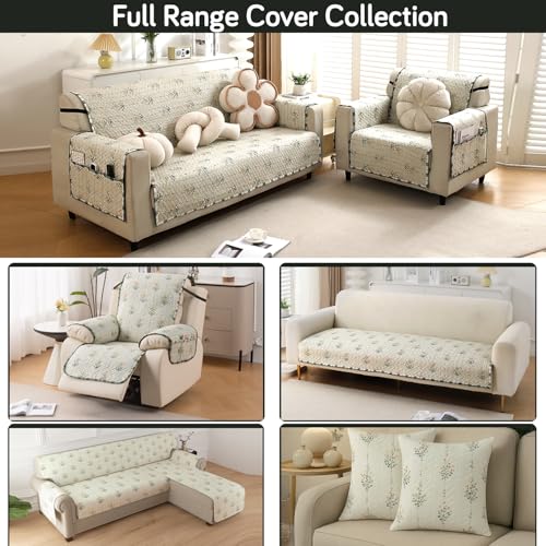 Image of HOKIPO 'HomeHues Series' Printed Quilted Sofa Seat Mat for 1 Seater Sofa with 2 Armrest Covers with Pockets, Light Green Ash Gypsy Flower (IN-806-D5 + IN-814-D5*2)