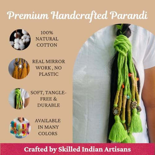 Image of Zippy Flora Neelima Parandi (Parrot Green) | Traditional Boho Handmade Paranda Hair Accessory with Braid Tassels | Women's Ethnic Hair Extension for Choti, Braids & Patiala Shahi Hairstyles