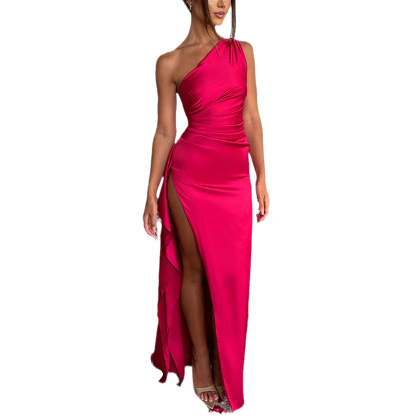Zouoyyii Women's Red Apricot Backless Satin Maxi Dress For Summer One Shoulder Split Bodycon Party Long Dress S
