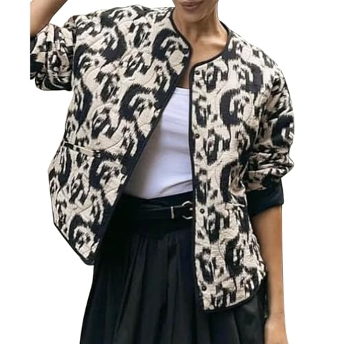 POIUIYQA Chaqueta Corta de Plumón Càrdigàn Con Estampado Floral Chaqueta Acolchada Vintage para Otoño e Invierno Abrigo de Algodón Estampado para Mujer