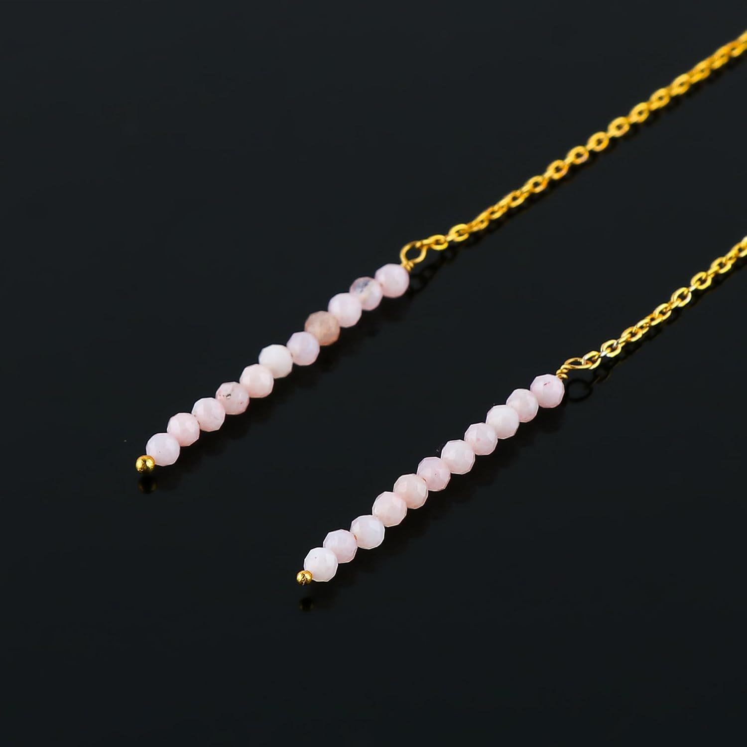 Threader Earrings for Women with Gemstone Beads - 2mm Natural Gemstone, Adjustable Pull-Through Long & Short Dangle Design, 3+1 Inch Gold Plated Earrings, Lightweight Crystal Jewellery Gift - Image 2