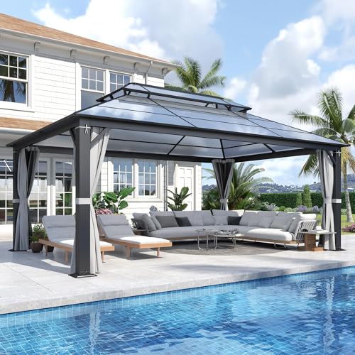 GARTOO 12x16FT Polycarbonate Hardtop Gazebo with Double Roof - Heavy-Duty