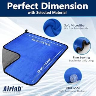 Airlab Microfiber Car Drying Towels 800GSM Thick Plush Cleaning Cloths Auto Detailing Quick Dry Wash Cloth for Interior & Exterior Lint Free, Streak Free, 40 x 40 cm, 4 Pack