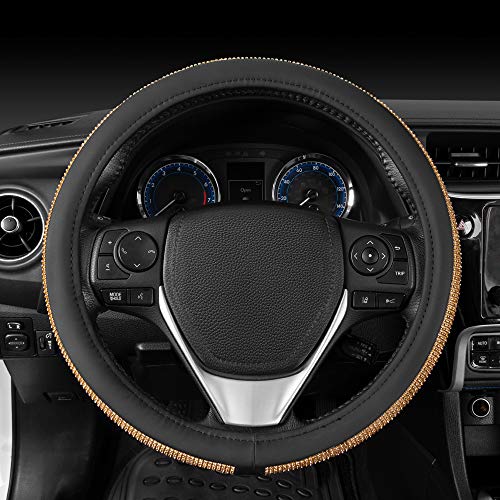 Bdk Bling Bling Glitter Diamond Leather Steering Wheel Cover With 9 Rows Crystal Rhinestones, Universal Fit 14.5-15.5 Inch For Women/Girls (Bling Crystal Diamonds - Gold) #TOP4