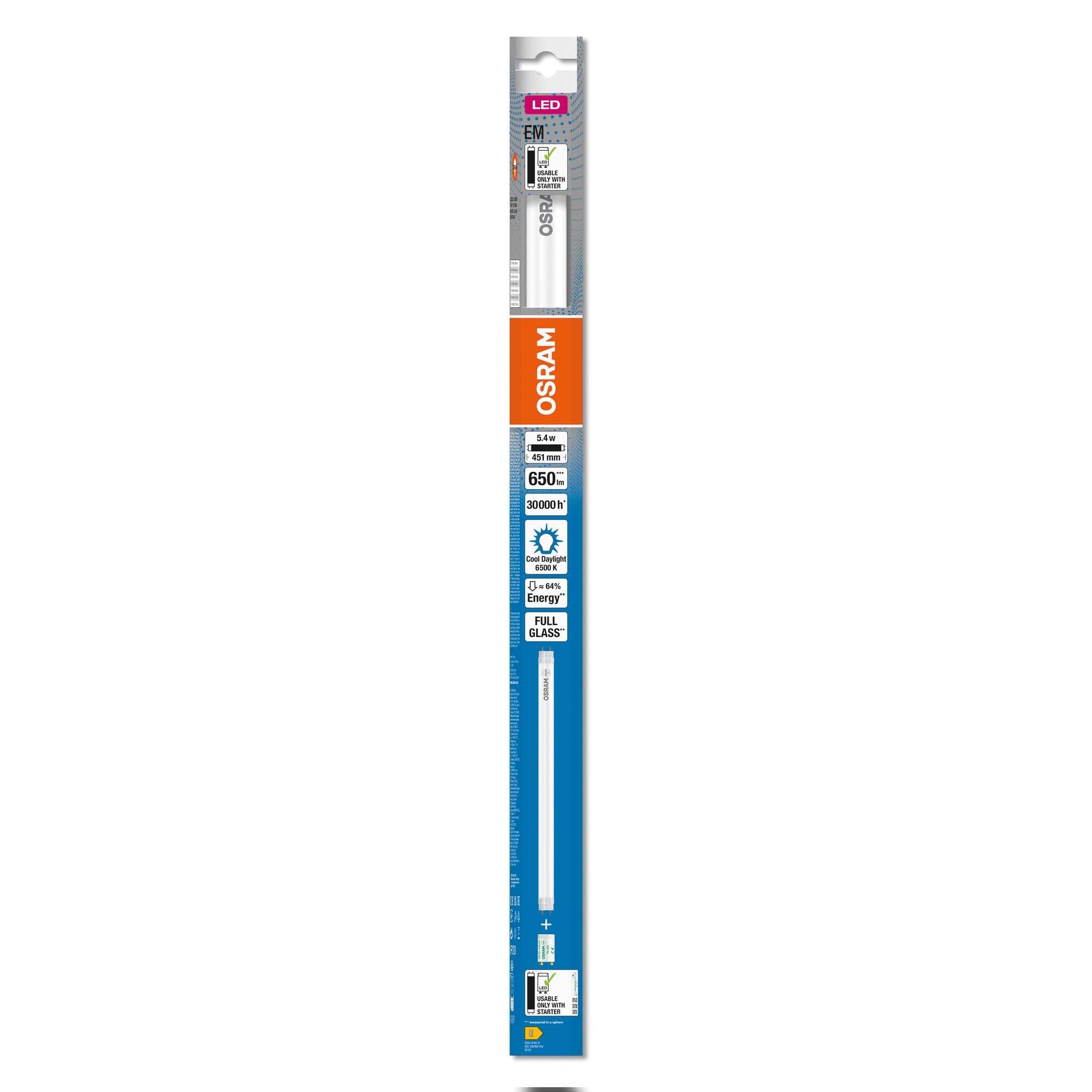 OSRAM LED TUBE T8 15 EM 438 mm, tubo LED lineal, 5,4W, 650lm, 6500K, luz blanca de día, LED de repuesto para tubos fluorescentes T8 con casquillo G13, larga vida, optimo consumo de energía