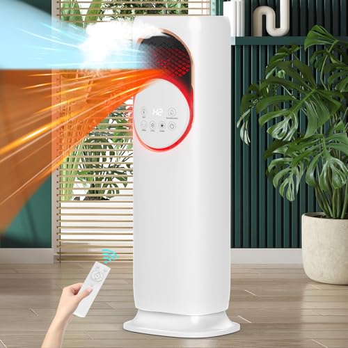 Tower Fan and Heater Combo with Humidification, 4 in 1 Cooling Fan for Indoor Use, 120° Oscillating Electric Cooler, Remote Control, 3 Speed Cooling, 2 Speed Heating, 9H Timer for Bedroom (White1)