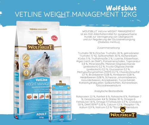 Wolfsblut Vetline Hundefutter - Weight Management, 12kg + 6x395g - Sparbundel, Sparpaket - inklusive Warnicks Tierfutterservice Hundesnack Goodie