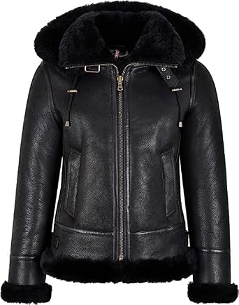 TIPTOP Womens B3 Bomber Hooded Classic Shearling Pilot Flying Aviator Genuine Sheepskin Leather Jacket