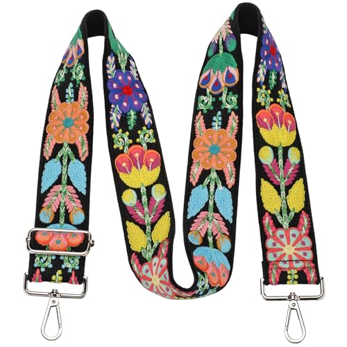 Greaciary Alças largas de crochê para substituição de flores, alça de ombro para bolsa de mão, ajustável, bordada, guitarra, alça de ombro, Flor Gesang preta, Medium, Vintage