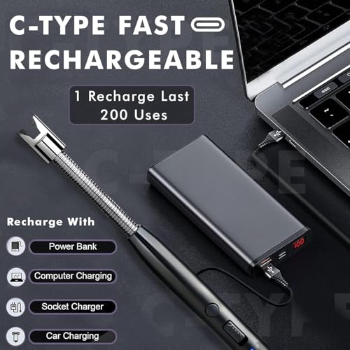 Image of MIXOSAElectric Rechargeable Gas Lighter for BBQ, Lighter for Gas Stove, Candles, Pooja, C-Type USB, Multi Purpose - 360 Flexible & Windproof, Black (Pack of 1)