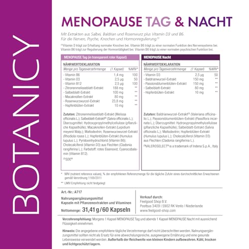 BOTANICY Menopause Tag & Nacht - Gegen Wechseljahre Symptome - Komplexe für Morgen & Abend, mit Salbei & Baldrian - Pflanzenextrakte & Vitamine - Natürlich, Hormonfrei, Vegan - 180 Menopause Kapseln