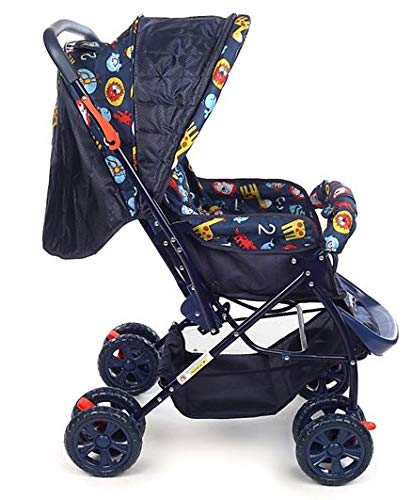 Baby Stroller with Printed Pattern, Reclining Seat, 4 Wheels, Blue-image-17