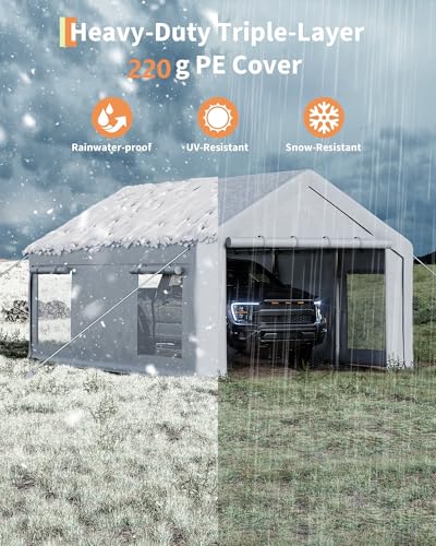 Image of GarveeLife 13x20 ft Carport with 8 Sandbags, Car Port with 220 g PE Tarp, 2 Roll-Up Doors, and 4 Windows, for Full-Size Pickups, Bass Boats, Tractors, and SUVs, White
