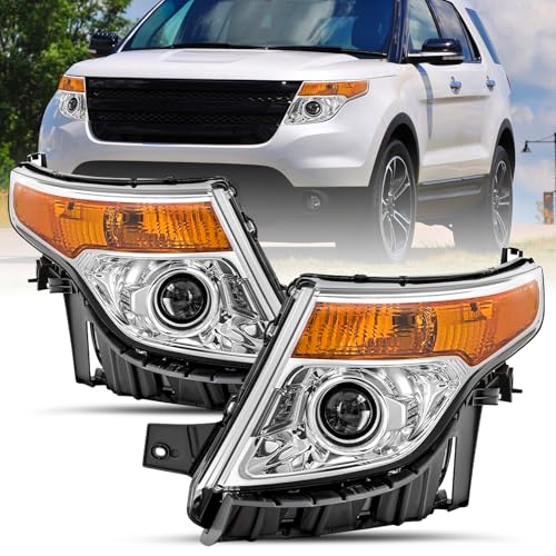 SOCKIR Projector Headlight Assembly Fit for 2011-2015 Ford Explorer Headlamp Replacement Chrome Housing Amber Reflector