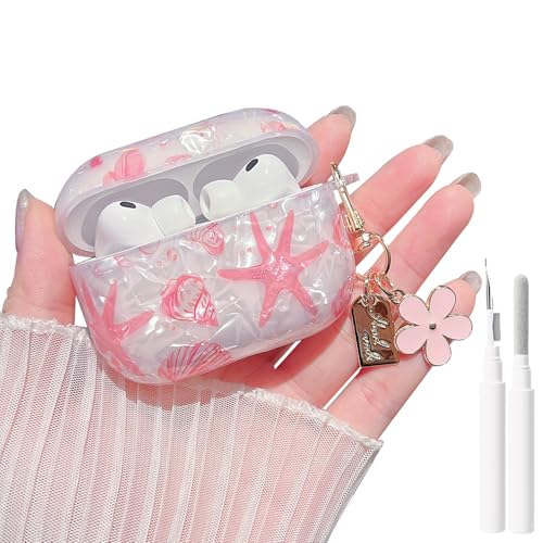 Image of MINSCOSE for AirPods Pro 3 Clear Case,Cute Glitter Seashell and Starfish Pattern Design with Folral Keychain,Soft TPU Protective Cover with Cleaner Kit for Girls Women-Pink
