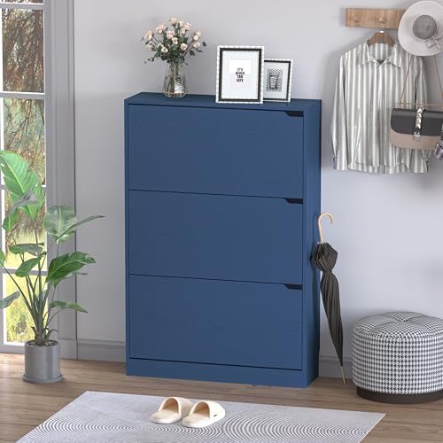 Image of BORNOON Shoe Cabinet with 3 Flip Drawers, Hidden Wood Shoe Cabinet,Freestanding Shoe Storage Cabinet for Entryway Hallway. 47.2 inch H*31.5 inch W*9.45 inch D