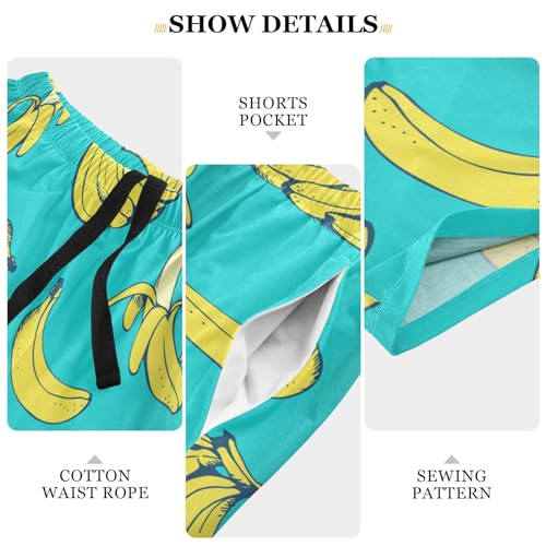 Eionryn Yellow Bananas Teal Blue Mens Pajama Shorts Men's Pajama Bottoms Soft Sleepwear S4