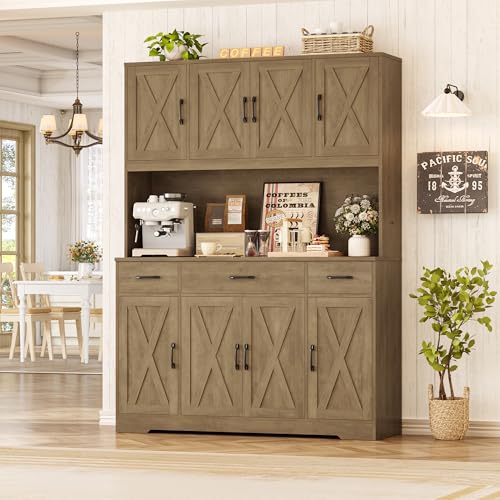 Image of HOSTACK 71 inch Tall Kitchen Pantry Storage Cabinet, 55 inch W Kitchen Hutch, Brown | Large Pantry Cabinet with Charging Station / Countertop / 3 Drawers, Farmhouse Hutch Cabinet with Storage for Dining Room