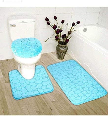 Smart Linen 3 Piece Stone Solid Embossed Memory Foam Set Non-Slip Bath Rug with Rubber Backing, Contour Mat, and Toilet Lid Cover #Rock (Turquoise)