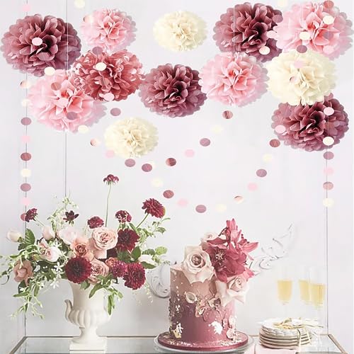 Partydekoration Pompons 15 Stück Rosa Weiß Seidenpapier Pompons Deko mit Tissue Papier Pom Poms und Dots Papier Girlande für Hochzeit Abschlussball Babyparty Geburtstag