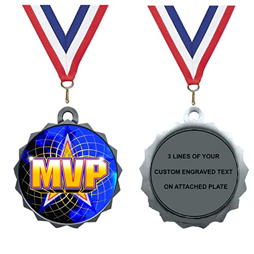 Express Medals Custom MVP Silver Medal Trophy Award with Neck Ribbon & Attached Engraved Plate on Back LAZD214-FCL518 1PK