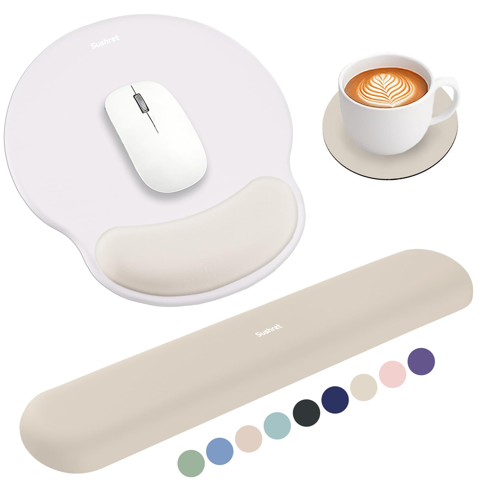 Sushret Mouse Mat and Keyboard Wrist Rest Set, 3-in-1 Gel Memory Foam Ergonomic Mouse Pad with Wrist Support, Gaming Mousepad Arm Cushion for Computer Office Desk Accessories Cute Setup,Khaki