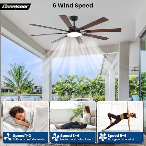 Image of 72 Inch Ceiling Fans with Lights and Remote, Dual Color 8 Blades, Bedroom Living Room Office Library Cafe Outdoor Industrial, 3CCT Dimmable, 6 Speed Reversible Quiet DC Motor, Black /Wood Grain