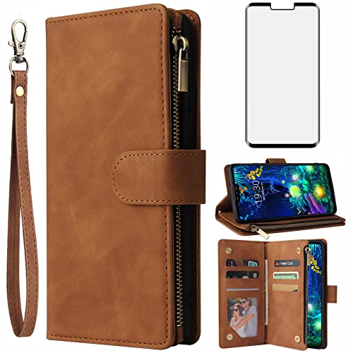 Asuwish Compatible with LG V50 ThinQ Wallet Case Tempered Glass Screen Protector and Leather Flip Cover Card Holder Stand Cell Phone Cases for LGV50 5G V 50 Thin Q V50ThinQ 50ThinQ 50V Women Men Brown