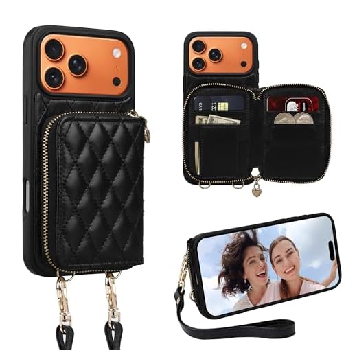 Keallce Case for iPhone 17 Pro Max 6.9'' Wallet Case, Crossbody Zipper Purse with Wrist Strap Lanyard Handbag, RFID Blocking Card Holders, Kickstand Flip Leather Cover for iPhone 17 Pro Max, Black