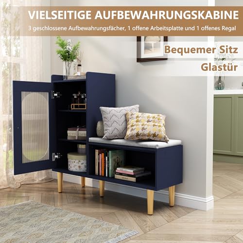 Image of HLR Storage Bench Set of 2, Blue Modern Entryway Shoe Cabinet Bench with Glass Door&Shelf, L-Shaped Storage Cabinet with Padded Seat for Hallway, Bedroom, Living Room, Office