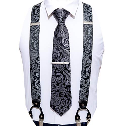 Image of Barry.Wang Men Suspender Set with Necktie Elastic Y Type Heavy Duty 6 Clips Braces Tie Handkerchief Cufflink Pin 6PCS