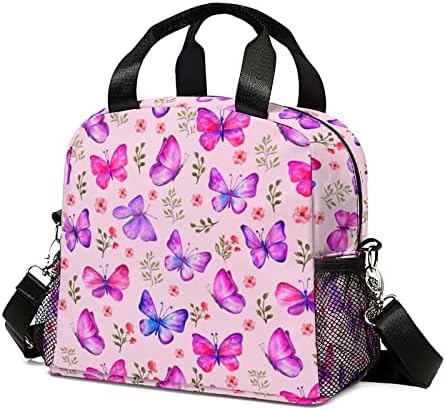 Rcekvoh Purple Butterfly Insulated Lunch Bag Women Girls Waterproof Lunch Box Freezable Lunch Tote Bag for Work Picnic with Adjustable Shoulder Strap Mesh Pocket, Butterfly
