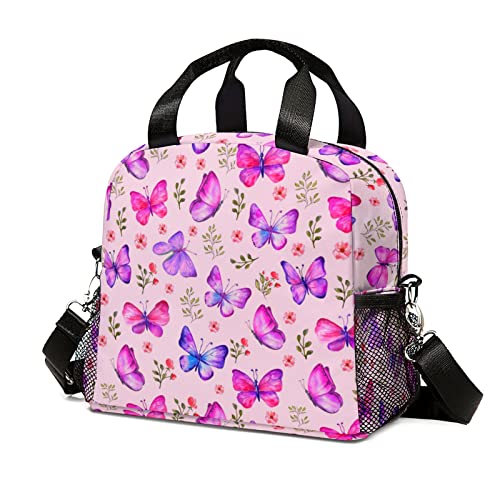 Rcekvoh Purple Butterfly Insulated Lunch Bag Women Girls Waterproof Lunch Box Freezable Lunch Tote Bag For Work Picnic With Adjustable Shoulder Strap Mesh Pocket, Butterfly #TOP2