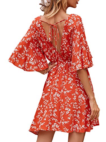 Image of Floerns Women's Tropical Floral Plunging V Neck Tie Open Back Summer Short Dress