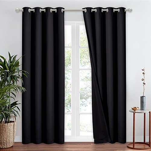 NICETOWN 100% Blackout Curtain for Kitchen, Thermal Insulated & Energy Efficiency Window Drapery with Black Liner, Noise Reducing Short Curtain for Kids Room (Black, 37-inch W by 63-inch L,