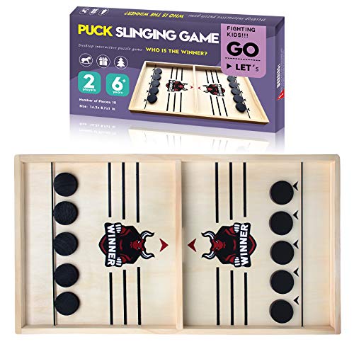 DUUDO Fast Sling Puck Game Paced Table Desktop Battle Wooden Hockey Game Winner Board Chess Games Slingshot Game Toys for Adults Kids Parent-Child Interactive (14.2in x 8.7 in)