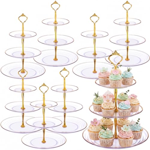 Teenyyou 8 Pack 3 Tier Cupcake Stand Bulk Tiered Dessert Stand Thick Plastic Serving Tray with Gold Edges Dessert Table Display Set Tea Cake Holder for Wedding Birthday Party (Clear Gold,Crown Shaped)