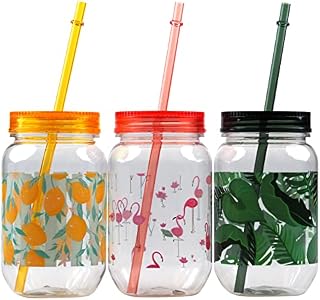 BWG Set of 3 Plastic Drinking Cups/Mason Jars With Lid And Straw - Flamingo, Palm, Summer Designs
