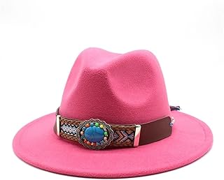 RZL Domo Sombreros, Nuevo Sombrero de ala Plana de Estilo Nacional, Sombrero de ala Grande, Sombrero de Jazz de Lado Recto, Sombrero de Lana de otoño e Invierno (Color : Rose, Talla : Medium(56-58cm