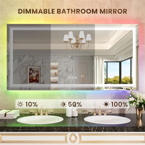 Image of WTTY LED Bathroom Mirror 60 inchx30 inch with RGB Backlit and Front Light,Stepless Dimmable LED Mirror for Bathroom,Colored Lighted Bathroom Vanity Mirror,Anti-Fog,Memory Function,Shatter-Proof