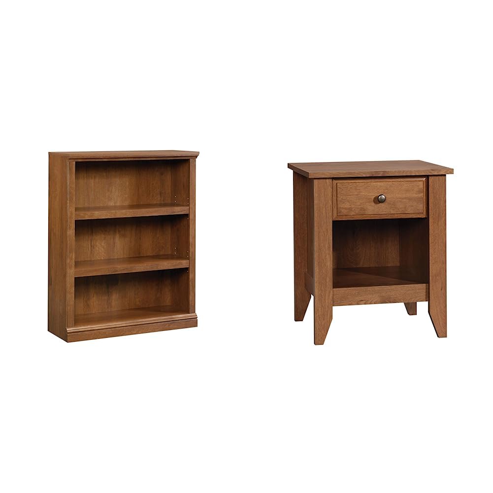 Sauder Select 3-Shelf Bookcase, L: 35.28" x W: 13.23" x H: 43.78", Oiled Oak Finish & Shoal Creek Night Stand, Oiled Oak Finish
