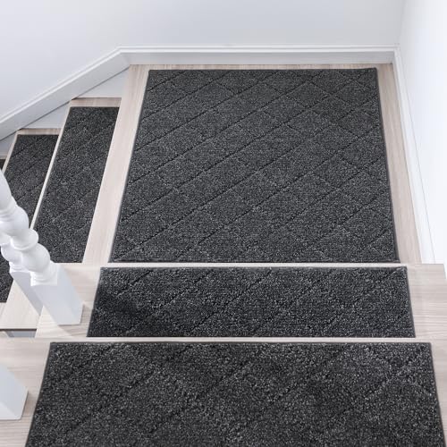 COSY HOMEER Edging Stair Treads Non-Slip Corner Indoor Stair Runners for Wooden Steps,Landing Slip Resistant Stair Rugs Mat for Kids and Dogs,100% Polyester TPE Backing,Black,30x30 inch Blac