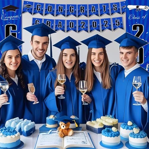 Image of Blue Graduation Decorations 2025, Grad Party Decorations, Class of 2025 Backdrop, Banner, Balloons and Porch Sign for High School & College Celebrations