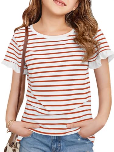 Image of Haloumoning Girls Striped Ruffle Short Sleeve T Shirts Kids Summer Crewneck Tops Casual Tees 5-14 Years