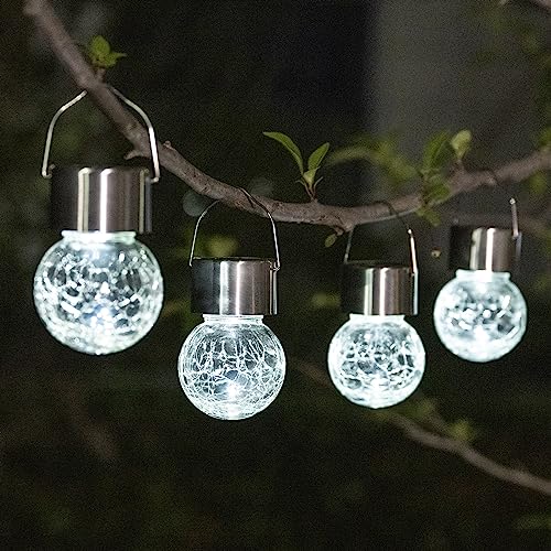 GIGALUMI Lot de 4 lampes solaires à suspendre à LED blanches en forme de globe craquelé - Lanternes solaires d'extérieur étanches avec poignée pour jardin, cour,...
