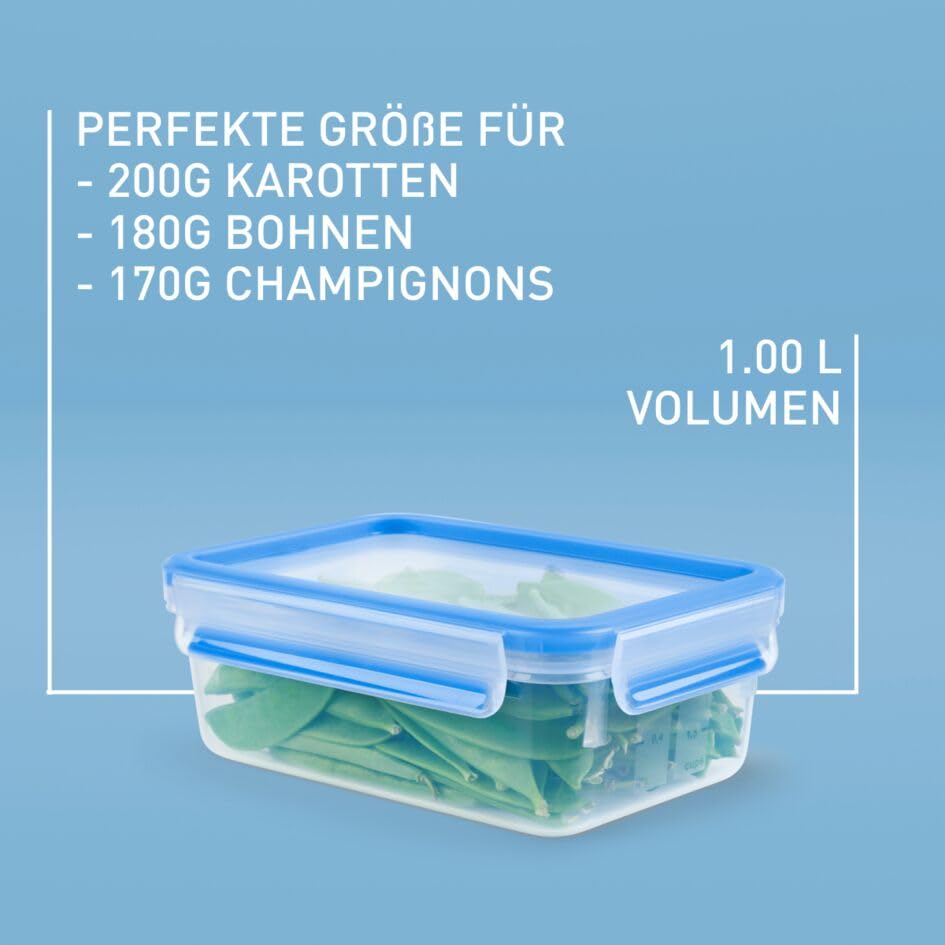 EMSA Clip & Close Frischhaltedose, rechteckig, 1 L, mit Deckel, Aufbewahrungsbox, 100 Prozent dicht, spülmaschinen-, gefrier-, mikrowellenfest, Transparent, Blau, Made in Germany, 508540 3