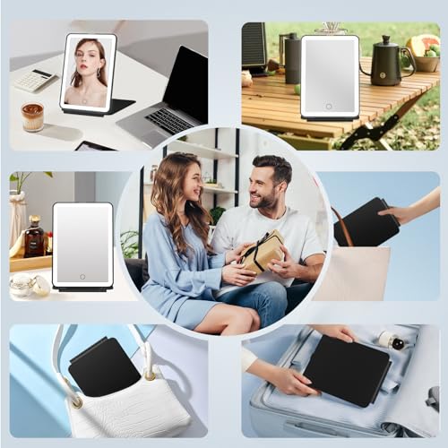 Image of FUNTOUCH Rechargeable Travel Makeup Mirror with 72 Led Lights, Portable Lighted Beauty Mirror, 3 Color Lighting, Dimmable Touch Screen, Tabletop LED Folding Cosmetic Vanity Mirror