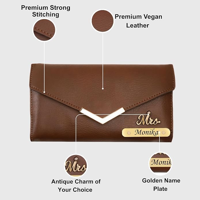Image of WALLETKART Personalized Leather Women's Clutch with Name & Charm | Customized Clutch for Girlfriend Friend Wife Mother & Sister