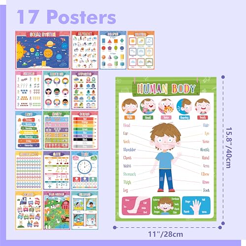 Image of 17 Educational Posters for Kids, All-in-One Set Learning Posters-Alphabet, Animals, Numbers, Colors, USA & World Map, Shapes, PET Film Coated School Supplies For Kindergarten, Preschool, Classroom