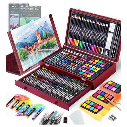 145 Piece Deluxe Art Creativity Set with 2 x 50 Page Drawing Pad, Art Supplies in Portable Wooden Case- Crayons, Oil Pastels, Colored Pencils, Watercolor Cakes, Sharpener, Sandpaper - Deluxe Art Set